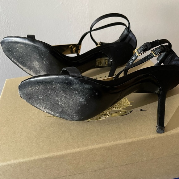 Black Satin with Gold signature hardware sandal heel - Picture 12 of 15
